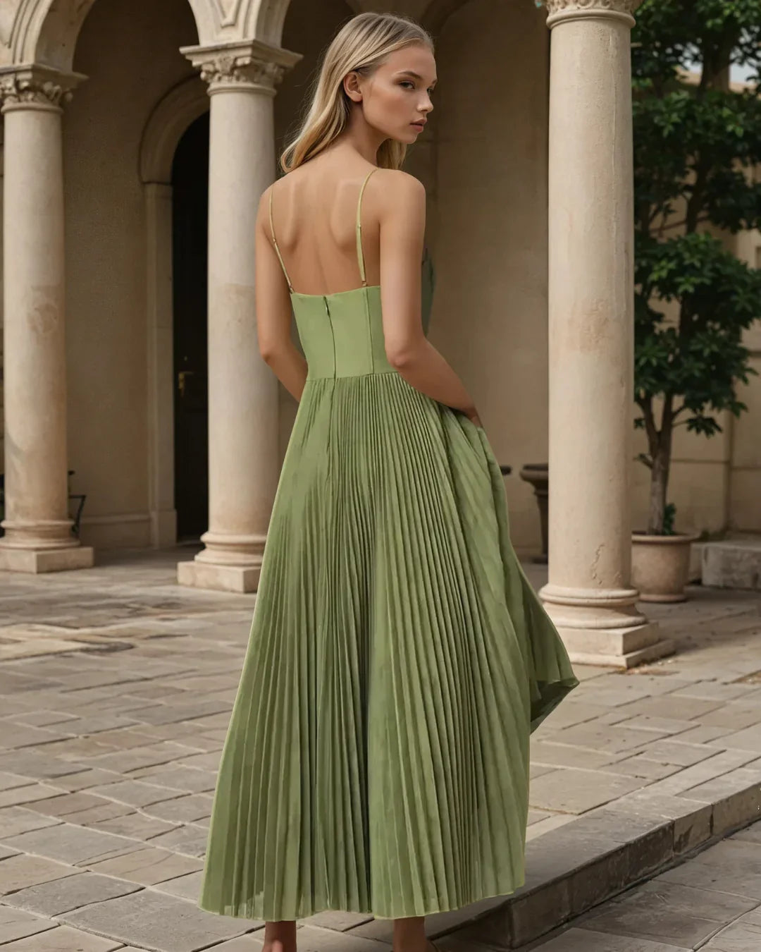 Olive Dress – Modern elegance with an open back